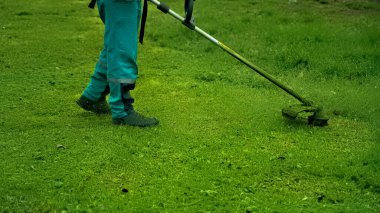 Parkta çim biçme makinesi olan bir adam çimleri temizliyor.