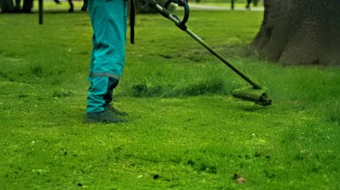 Parkta çim biçme makinesi olan bir adam çimleri temizliyor.