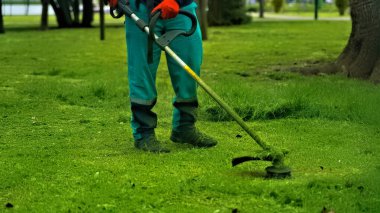 Parkta çim biçme makinesi olan bir adam çimleri temizliyor.
