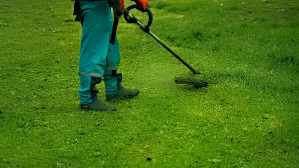 Parkta çim biçme makinesi olan bir adam çimleri temizliyor.