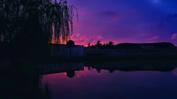湖の青ピンクの夕日 — ストック写真