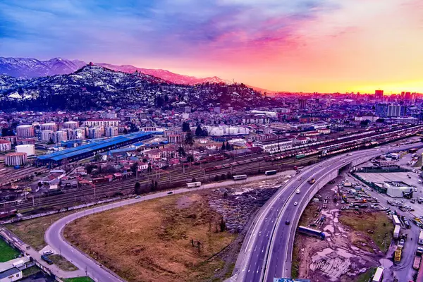 Batumi Georgien Mars 2021 Solnedgång Staden Med Drönare — Stockfoto