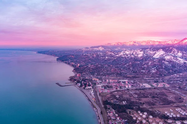 Batumi Γεωργία Μαρτίου 2021 Θαλάσσιο Λιμάνι Βίντεο Από Drone Βράδυ — Φωτογραφία Αρχείου