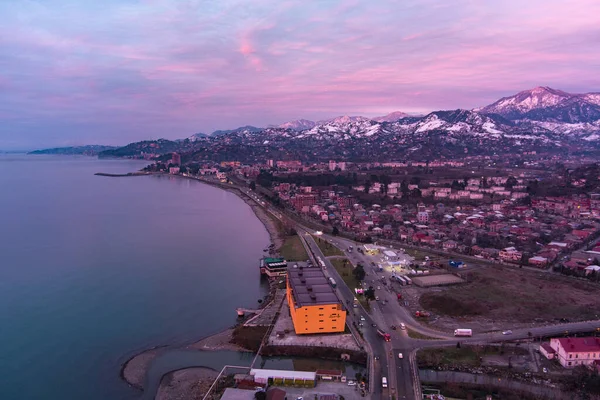 Batumi Γεωργία Μαρτίου 2021 Θαλάσσιο Λιμάνι Βίντεο Από Drone Βράδυ — Φωτογραφία Αρχείου