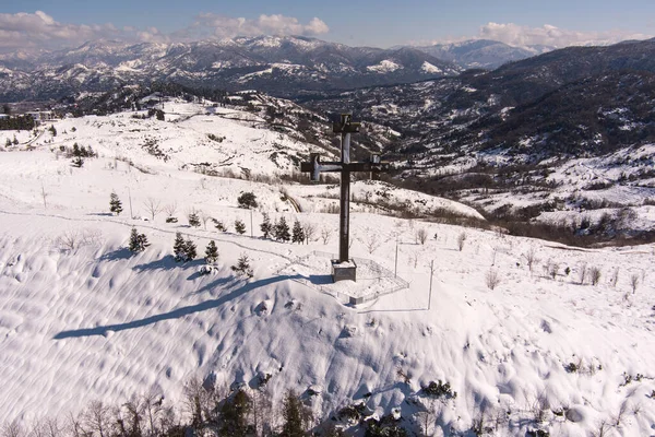 Gonio Geórgia Março 2021 Imagens Aéreas Cruz Ortodoxa Montanha — Fotografia de Stock