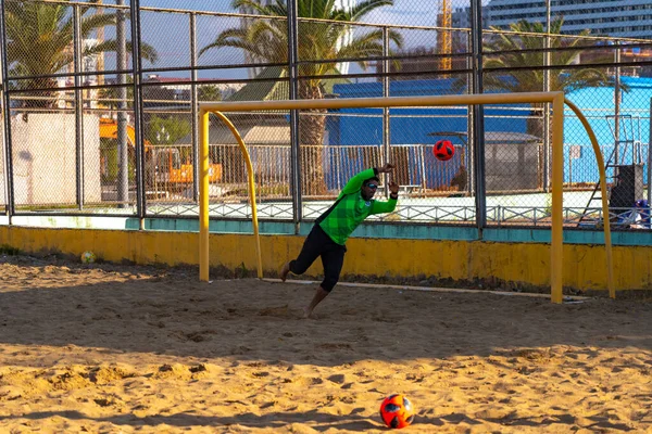 Batumi Georgia May 2021 Goalkeeper Jumps Ball Sandy Field — Stok fotoğraf