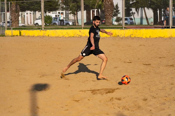 Batumi Georgia May 2021 Footballer Kicks Ball Sandy Field — Stock Photo, Image