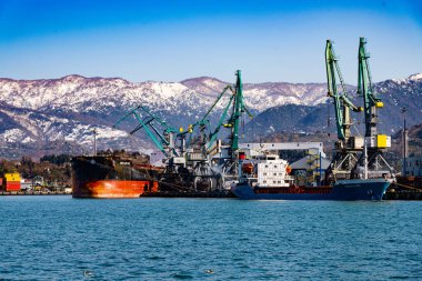 Batumi, Gürcistan - 03 Mart 2021: limanda bir gemi boşaltılıyor