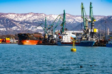 Batumi, Gürcistan - 03 Mart 2021: limanda bir gemi boşaltılıyor