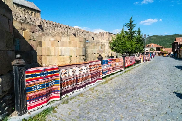 Colored Carpets Background Church Mtskheta — Stock Photo, Image