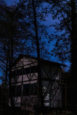 İki katlı evler, siyah ağaçlar, mavi gece gökyüzü