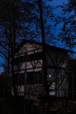 İki katlı evler, siyah ağaçlar, mavi gece gökyüzü