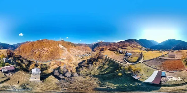 360Vr Drón Kilátás Magas Hegyi Falu Ushguli Felső Szvaneti Georgia — Stock Fotó