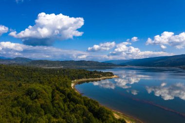 River surrounded by green forest clouds are reflected in the water