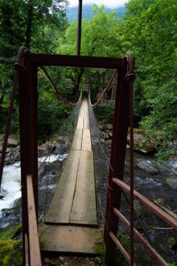 Bir dağ nehri üzerindeki asma köprü