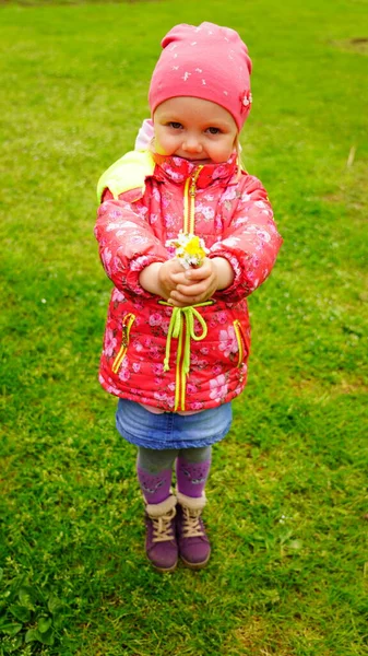 Kleines Mädchen Mit Blumen Park — Stockfoto