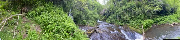 Górska Rzeka Lesie Duża Panorama — Zdjęcie stockowe