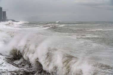 Batumi, Gürcistan - 19 Şubat 2021: Karadeniz 'de fırtına, büyük dalgalar