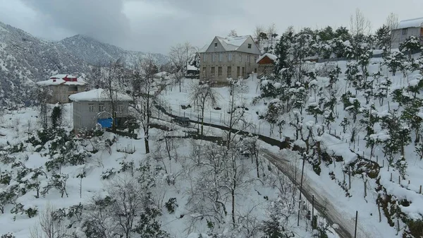 Vue Aérienne Village Montagne Enneigé — Photo