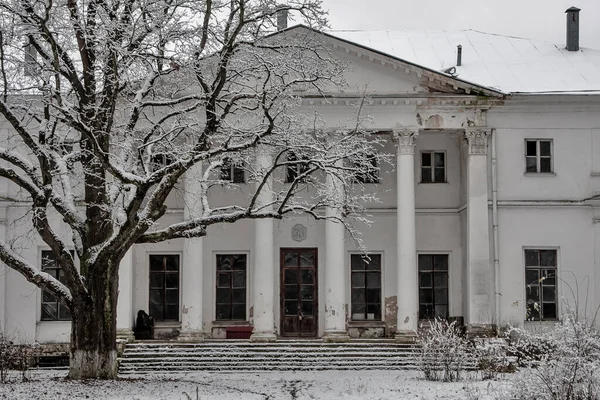 Una Vieja Mansión Blanca Abandonada Invierno Nieve Gran Árbol Junto — Foto de Stock