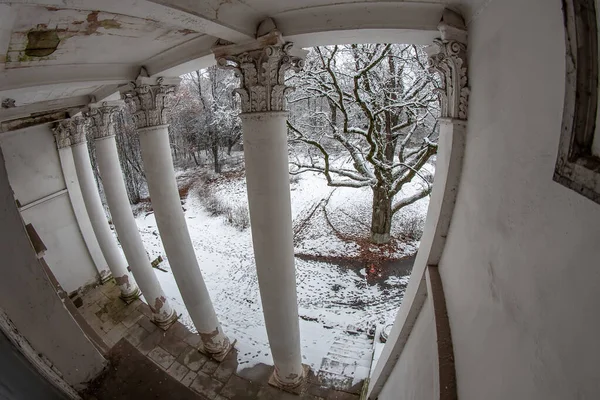 Lindas Colunas Antigo Edifício Abandonado Vista Pátio Inverno Árvore — Fotografia de Stock