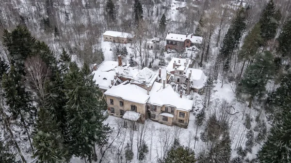 Ein Altes Verlassenes Herrenhaus Einem Verschneiten Wald Verlassenes Gebäude Verschneiter — Stockfoto