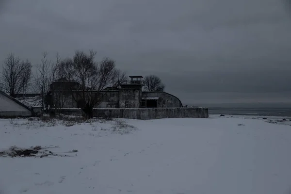 Ancient Fort Shores Frozen Sea Military Architecture Snowy Evening Winter — Stock Photo, Image