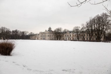 Güzel ve terk edilmiş bir malikane. Antika mimari. Eski bir bina. Kış günü.