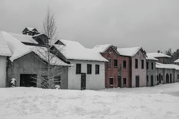 Terk Edilmiş Evlerden Oluşan Güzel Bir Köy Kış Karlı Bir — Stok fotoğraf