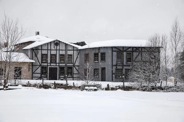 Uma Bela Aldeia Casas Abandonadas Dia Nevado Inverno Céu Nublado — Fotografia de Stock