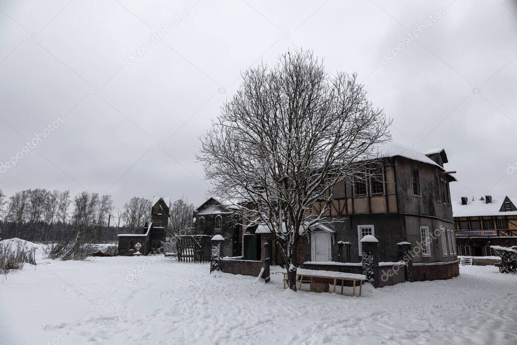 Árbol seco en un pueblo abandonado. Día nublado y nevado. El invierno