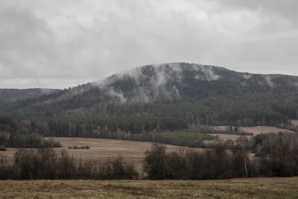 Belo Campo Lado Montanha Floresta Montanha Nuvens Baixas Nevoeiro Céu — Fotografia de Stock