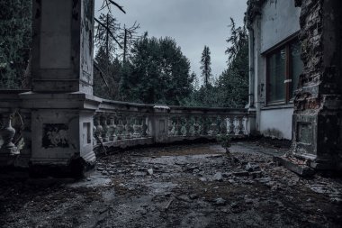 Karanlık bir ormanda terk edilmiş korkunç bir malikane. Güzel mimari. Dağınık duvarları olan eski perili bir ev. Mistik terk edilmiş bir malikane..
