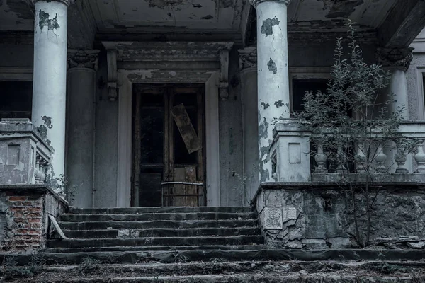 可怕的荒废的庄园在黑暗的森林里 漂亮的建筑旧的鬼屋 墙壁破烂不堪 一个神秘的废弃豪宅 — 图库照片