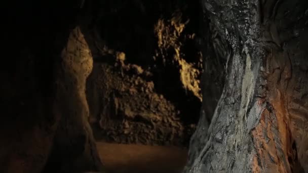 Ein Kleiner Schauspieler Der Rolle Eines Gnoms Untersucht Die Höhle — Stockvideo