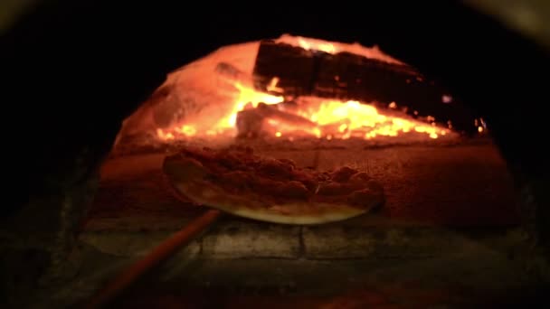 Koken een pizza in een hout gestookte oven — Stockvideo