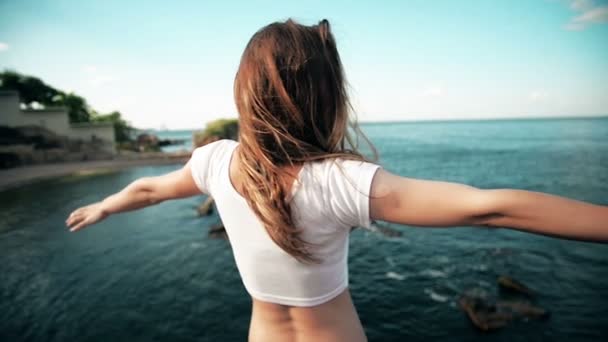 若い女性は太陽、海、岩、空の雲に対してまで手をあげてください。 — ストック動画