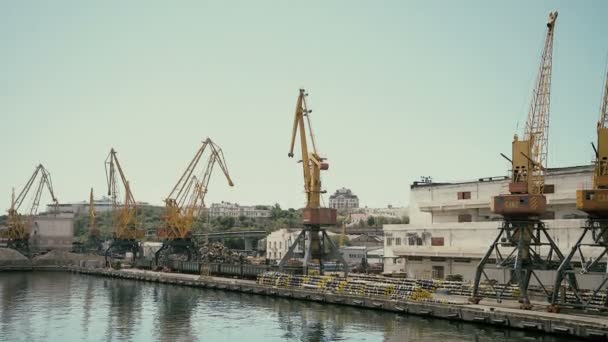 オデッサ、ウクライナの工業港のクレーン。黒海の港 — ストック動画