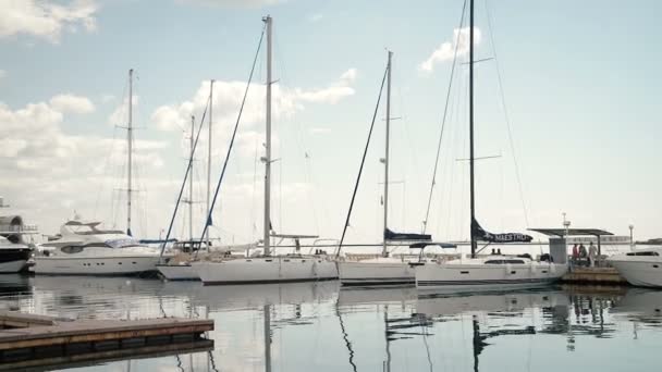 Beautiful view of white yachts moored at wharf — Stock Video