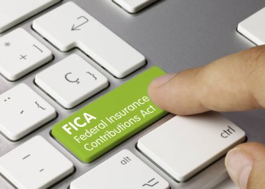 FICA Federal Insurance Contributions Act Written on Green Key of Metallic Keyboard. Finger pressing key. clipart