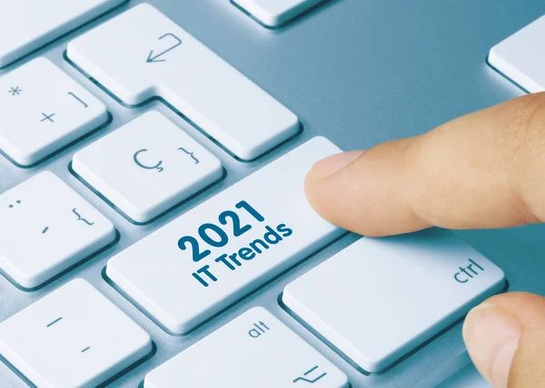 2021 Trends Written Blue Key Metallic Keyboard Finger Pressing Key — Stock Photo, Image