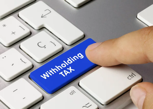 Withholding Tax Written Blue Key Metallic Keyboard Finger Pressing Key — Stock Photo, Image