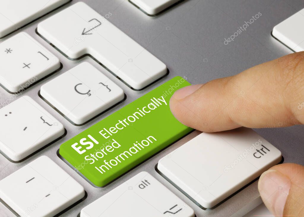 ESI Electronically Stored Information Written on Green Key of Metallic Keyboard. Finger pressing key.