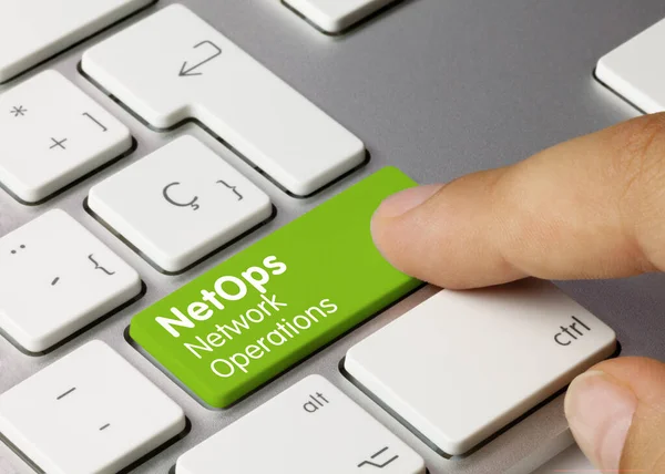 Netops Network Operations Written Green Key Metallic Keyboard Finger Pressing — Stock Photo, Image