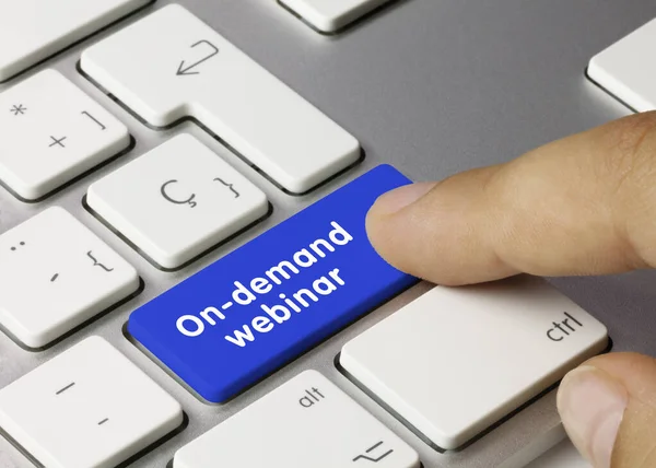 Demand Webinar Written Blue Key Metallic Keyboard Finger Pressing Key — Stock Photo, Image