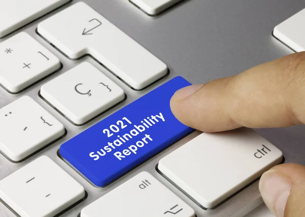2021 Duurzaamheidsrapport Written Blue Key Metallic Keyboard Vingertoets Indrukken — Stockfoto