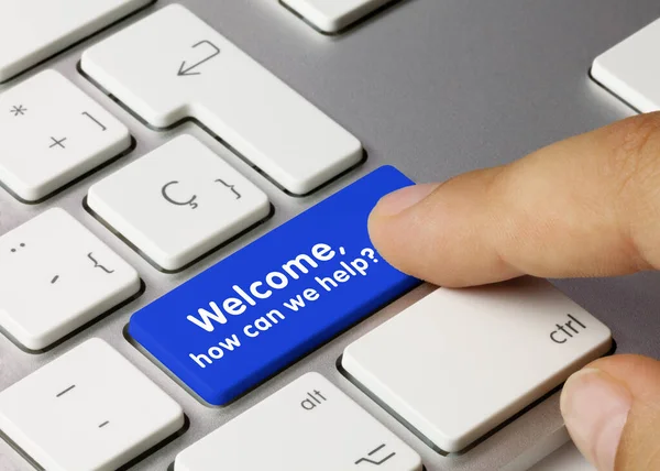 Benvenuto Come Possiamo Aiutarti Scritto Blue Key Metallic Keyboard Tasto — Foto Stock