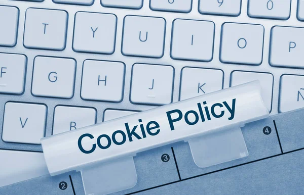 Cookie Policy Written Blue Key Metallic Keyboard Finger Pressing Key — Stock Photo, Image