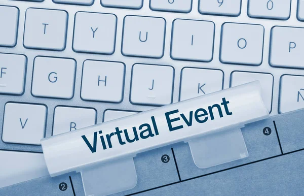 Evento Virtual Escrito Chave Azul Teclado Metálico Tecla Pressão Dedo — Fotografia de Stock