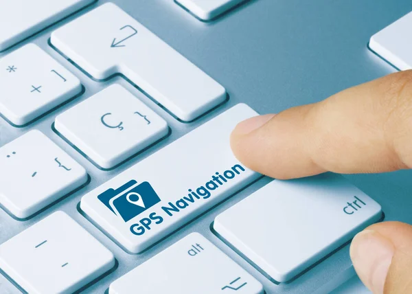 Gps Navigation Written Blue Key Metallic Keyboard 기록되어 있습니다 핑거누르기 — 스톡 사진